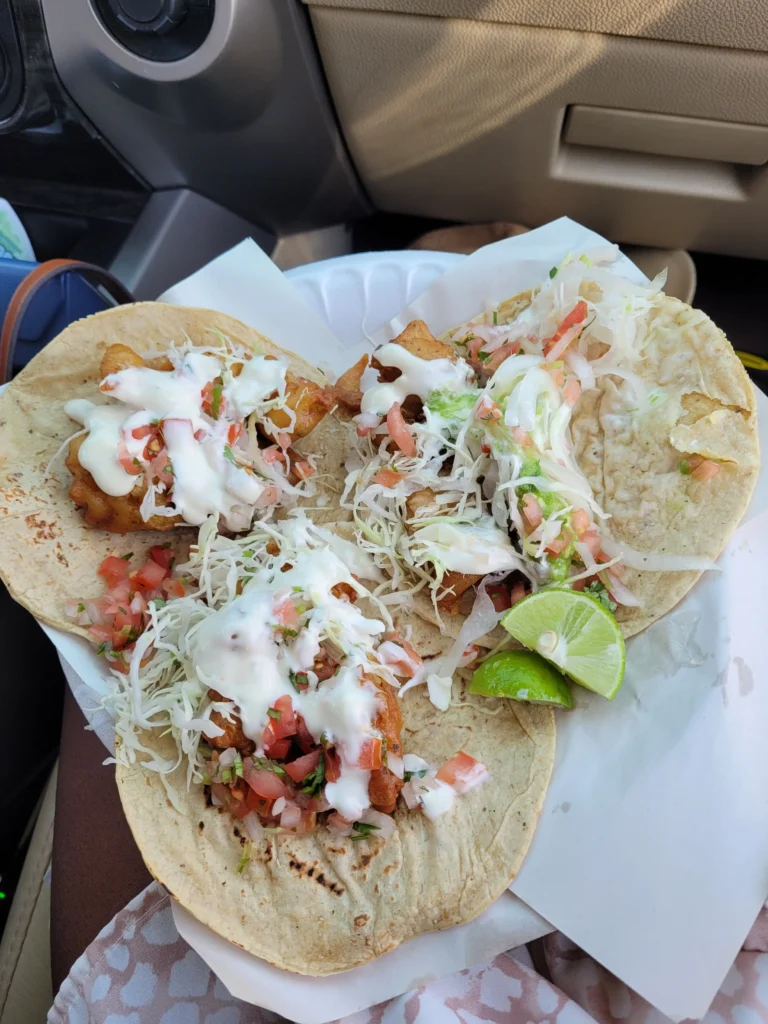 20230826 134031 ensenada fish tacos with pico de gallo, lime, cream